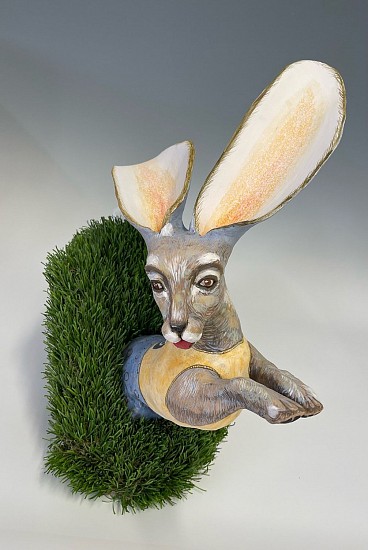 Mary Frances Dondelinger, He's Done a Runner
2022, clay, underglazes, artificial turf, wood