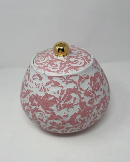 Dallas Wooten, Pink Etched Cookie Jar
2022, Cone 10 stoneware porcelain, colored porcelain, glaze, luster