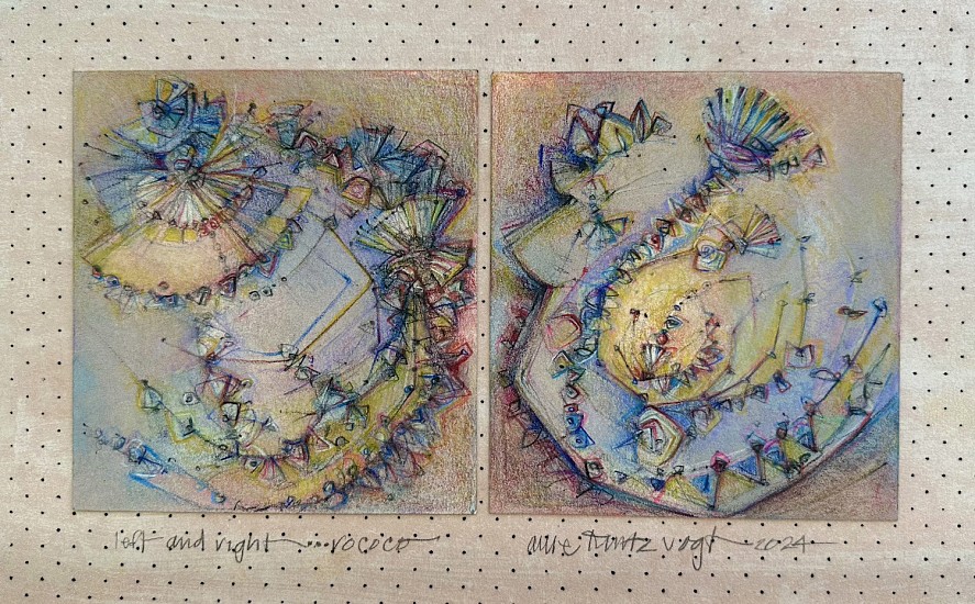 Allie Kurtz Vogt, Left and Right”¦Rococo<br />
2024, prisma colored pencil and wax on rice paper