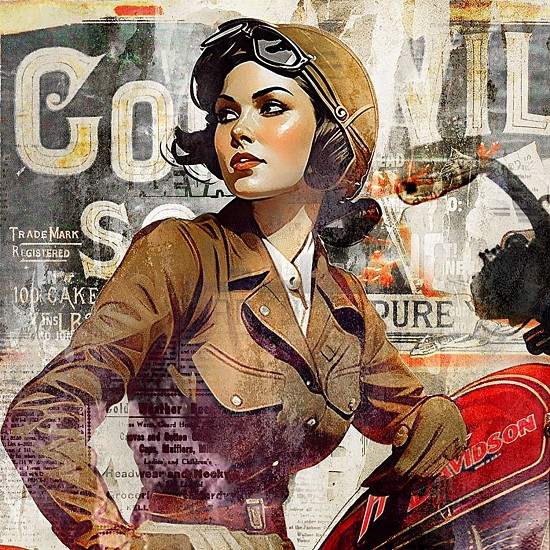 Stewart Anstead, Vintage Woman Motorcycle Rider1 Goodwill
2023, Mixed media, paper acrylic on canvas