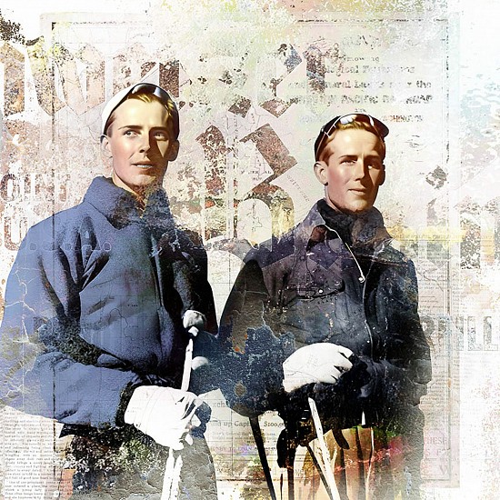 Stewart Anstead, Two Vintage Ski Men-Schweitzer
2023, Mixed media, paper acrylic on canvas