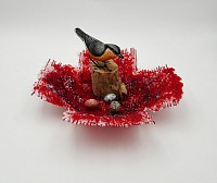 Birds Nest with eggs + Wooden Carved Bird