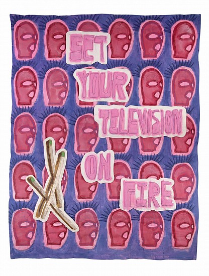 Helen Parsons, Set Your Television on Fire 2
2024, Acrylic painted on unbleached cotton, raw edge appliqué, free-motion embroidery, trapunto, quilting, soft sculpture, sketched, unframed