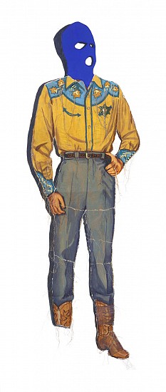 Helen Parsons, Fun with Paper Dolls #2
2025, Acrylic painted image on unbleached cotton, raw edge appliqué, free-motion embroidery, mounted on fabric drape